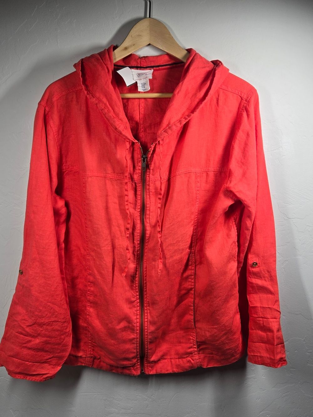 Sigrid Olsen Red Hooded Zip Linen Jacket Casual Everyday Outerwear M